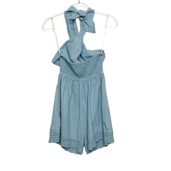 MINKPINK Cross Wrap Tie Backless Halter Romper Linen Blend Chambray Blue Size S - Picture 2 of 6